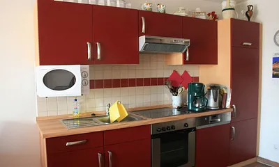 Wohnraum mit kompletter Küchenzeile, bestehend aus Kühlschrank, Herd, Mikrowelle, Spülautomat, Gefrierfach