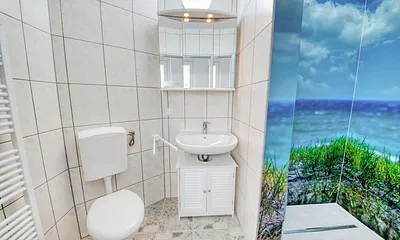 Fewo Schwalbennest: der Blick in das modernes Bad (ca. 4,5 m²) mit großer Dusche/WC