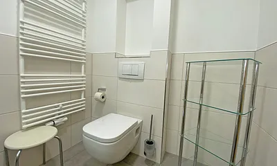 Badezimmer mit Dusche, WC und Fön