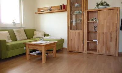 Der neu eingerichtete Wohnraum mit großer Schlafcouch und Echtholzmöbeln mit reichlich Sturaum.