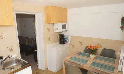 Die Küche im Eingangsbereich - u.a. 2 Kochplatte, Kühlschrank, Mikrowelle, Wasserkocher, Kaffeemaschine, Toaster