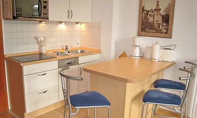 Der Küchenbereich - komplett ausgestattet, viele E-Geräte