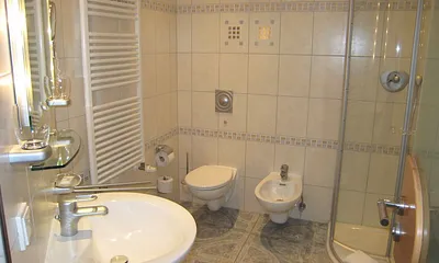 Blick ins Bad mit Fön, Bidet & Kosmetikspiegel