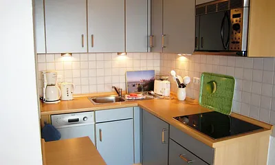 Blick in den gut ausgestatteten Küchenbereich mit Geschirrspüler, Mikrowelle & vielen E-Geräten