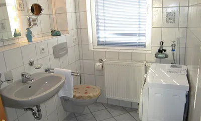 Blick ins Bad mit Dusche/WC (Kosmetikspiegel, Fön und kostenfreie Waschmaschine sind vorhanden), zusätzlich gibt es ein separates WC