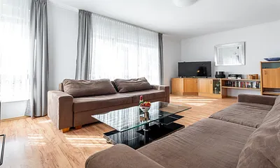 modernes Wohnzimmer mit Bio-Kamin und zwei Schlafsofas