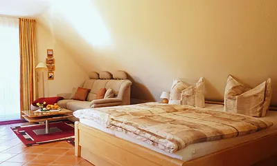 Blick vom Eingang in den Wohn- & Schlafbereich des Appartements