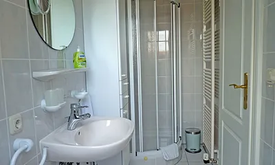 Duschbad mit Fuß- und Wandheizung, direktem Zugang vom Wohn-/Schlafbereich, ausgestattet mit Waschtich, Spiegel, Ablage, WC und Dusche, abgerundet mit entsprechenden Bad-Accessoires