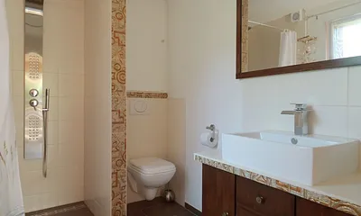 Das Bad mit Dusche, WC und WB