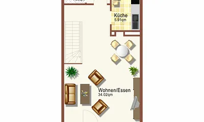 Grundriss der unteren Etage (Wohnbereich) der Maisonette-Fewo "Rügen 35"