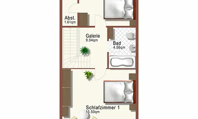 Grundriss der oberen Etage (Schlafbereich) der Maisonette-Fewo "Rügen 35"