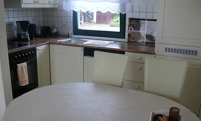 komfortable Küche mit Elektro-Herd, Geschirrspüler, Kühlschrank und Kaffeemaschine