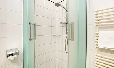 ... mit Dusche, Handtuchtrockner und WC.