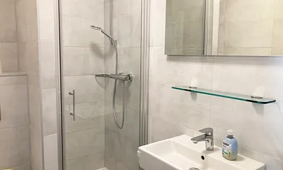 Das moderne Bad mit Dusche und WC.