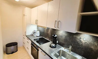 Hier sehen Sie die neue, komplett ausgestattete Küchenzeile mit Geschirrspüler, Backofen, Ceranfeld und Kühlschrank mit Eisfach. Ein Toaster ist auch vorhanden.