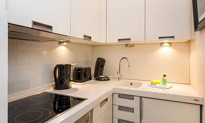 Die Küchenzeile ist mit Geschirrspüler und allem nötigen Komfort ausgestattet. 