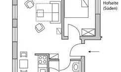 Zwei Zimmer, Küche, Bad - die Wohnung D304 Typ D304 liegt zur Wald- und Hofseite (Osten und Süden). Vom Schlafzimmer blicken Sie ins Grüne und zum Wald.