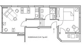 Großzügig: Die Wohnung D401 hat einen Flur mit geteiltem Niveau. An den Enden liegen der Wohnraum und das Schlafzimmer, in der Mitte das Bad mit eigener Waschmaschine.