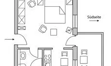 Vom Balkon des 1 Zi-App. D203 Typ D303 können Sie nach drei Seiten blicken. Hauptrichtung Süden.