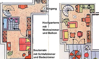 Grundriss der Fewo 03 mit Souterraim und Hochparterre