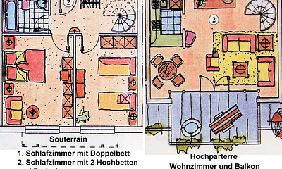 Grundriss der Ferienwohnung 02 (Badezimmer mit Dusche, keine Badewanne wie im Grundriss angezeigt)