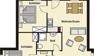 Grundriss der gemütlichen Ferienwohnung im OG für max. 2 Erwachsene und 2 Kinder mit getrennten Schlafzimmern