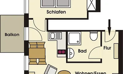 Der Grundriss unserer gemütlichen Ferienwohnung im OG mit Balkon