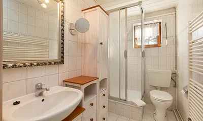 Das Bad bietet Dusche und WC.