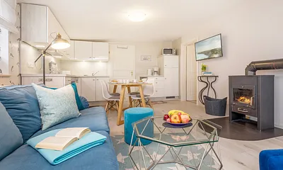 Der Kaminofen kann mit Holz beheizt werden.