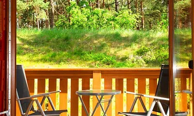 Blick aus dem Wohnzimmer auf den Balkon zum Dünenwald