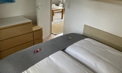 Matratzentopper und Insektenschutz vor den Fenstern .