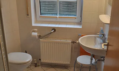 Blick ins Badezimmer mit Dusche, WC und Waschbecken