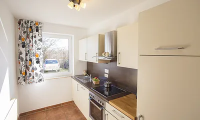 Küche mit Geschirrspüler und Backofen