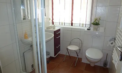 Das helle Bad mit Dusche und WC