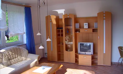 Schrankwand im Wohnbereich. Integriert ist ein Fernseher mit Sat-Receiver, eine Musik-Anlage mit Radio, CD-Player, Cassettenfach und Slots für USB-Sticks und Mikro-Cards, und natürlich Stauraum.
