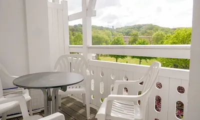 der Balkon nach SüdSüdOst - unverbaubarer Blick auf den Wald und Sonne am Vormittag bis frühen Nachmittag