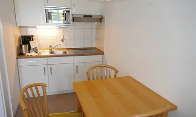 Küchenzeile: Herd 4 Platten, Kühlschrank mit Gefrierfach, Mikorwelle. Minibackofen im Vorraumschrank