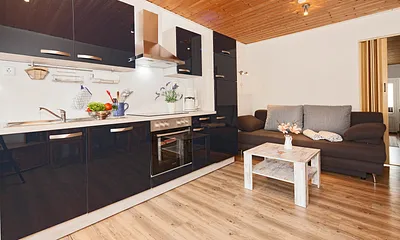 Gartenhaus der Villa See-Eck - Whg. Seestern (EG) - Wohnzimmer - Ansicht Küchenzeile