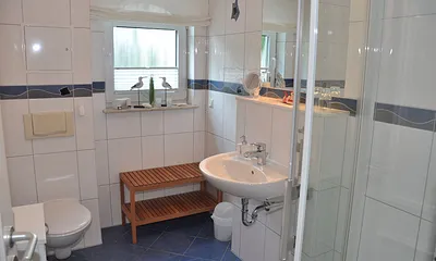 Badezimmer mit Fenster und Echtglasdusche