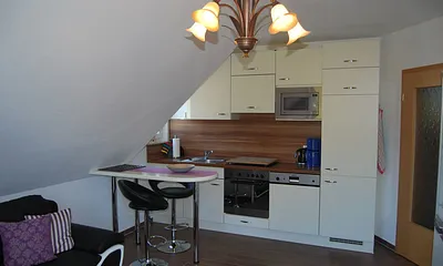 komplett ausgestattete Küchenzeile mit Kochherd, Kühlschrank, Mikrowelle und Geschirrspüler