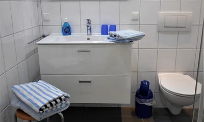 Bad mit Dusche und WC,  Kosmetikspiegel und Fön