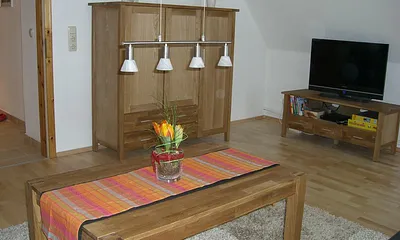 Das Wohnzimmer mit 2 Schlafsofas, WLAN, TV-Flachbild, DVD-Player, Bücher, Spiele.