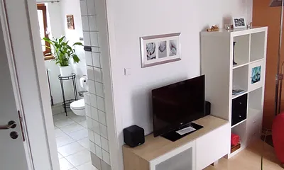 Wohnzimmer mit Blick ins Badezimmer