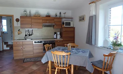 Küche mit Geschirrspühler, Kühlschrank mit kleinem Tiefkühlfach und Backofen