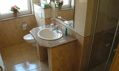 Bad mit Dusche, Fön und Kosmetikspiegel