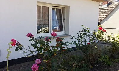 Seitenansicht des Hauses mit Blick aufs Wohnzimmerfenster der Ferienwohnung 