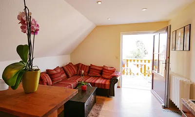 Wohnzimmer mit Sicht auf den Balkon