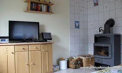 TV und Kaminofen im Wonzimmer