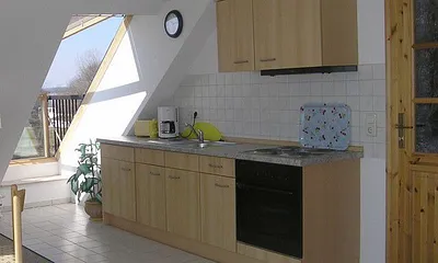 Küche mit Induktions-Cerankochfeld, modernem Backofen, Kühlschrank, umfangreiche Ausstattung