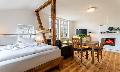 Wohnzimmer mit Bio-Kamin und Doppelbett